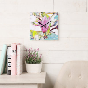 Pink magnolia flower watercolor blue background square wall clock