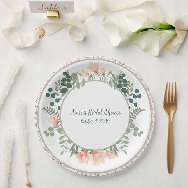 Pink Magnolia Flowers and Greenery Bridal Shower  Paper Plate (Wedding)