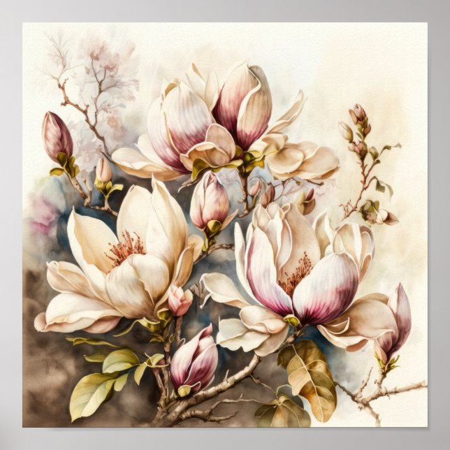 Pink Magnolia Flowers Art Print Poster (Front)