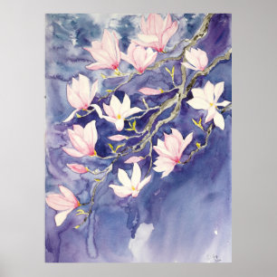 pink magnolia flowers in purple background poster