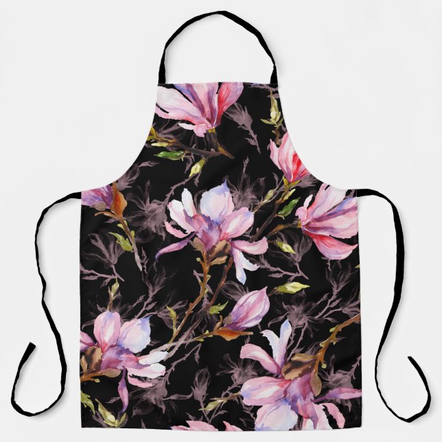 Pink magnolia flowers on a twig pattern apron (Front)