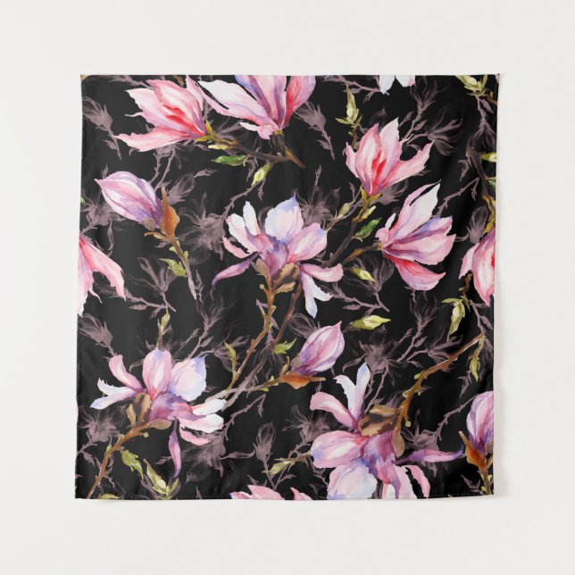 Pink magnolia flowers on a twig pattern tapestry (Front)