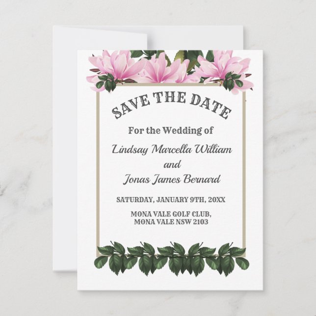 Pink Magnolia Greenery Floral Save The Date Invitation (Front)