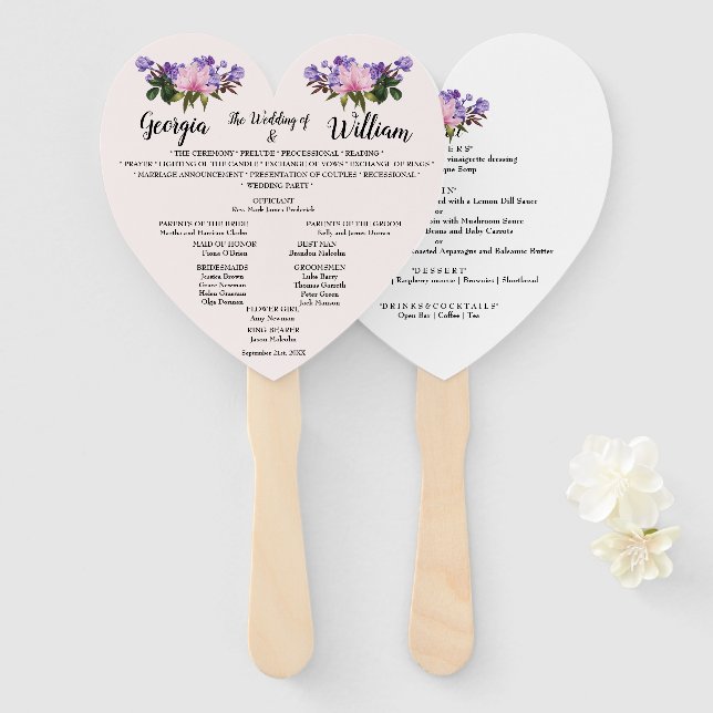 Pink Magnolia Lavender Floral Wedding Menu Fan (Front and Back)