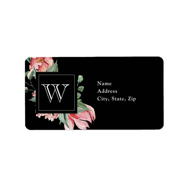 Pink Magnolia Monogram on Black Wedding Address Label (Front)