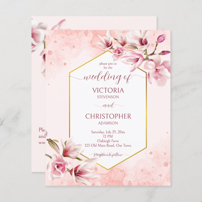Pink magnolia spring flowers budget wedding invite (Front/Back)