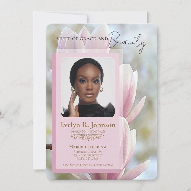 Pink Magnolia‑style photo funeral program Invitation (Front)
