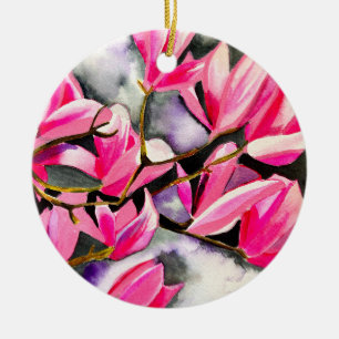 Pink Magnolia watercolor art Ceramic Tree Decoration