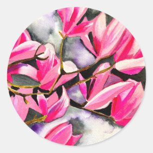 Pink Magnolia watercolor art Classic Round Sticker