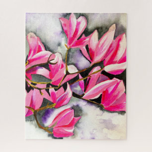 Pink Magnolia watercolor art Jigsaw Puzzle