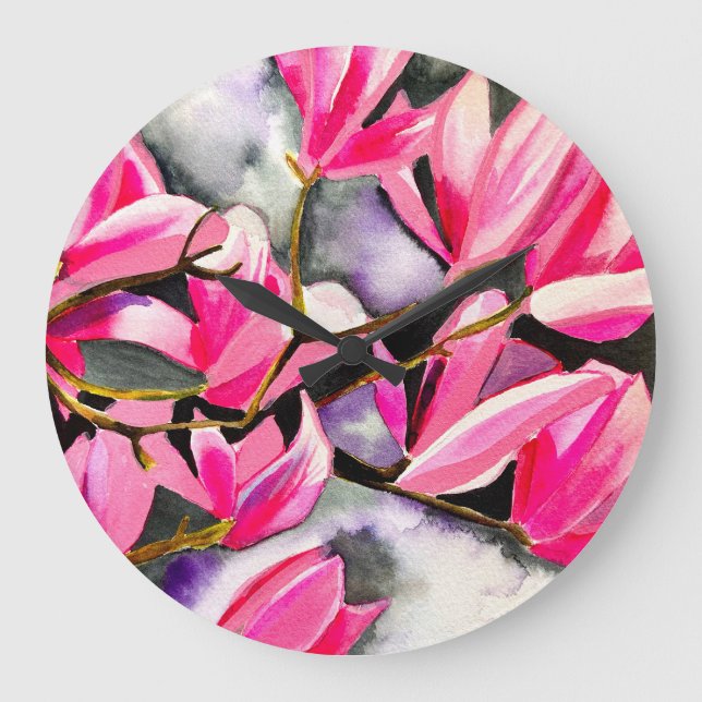 Pink Magnolia watercolor art Large Clock (Front)
