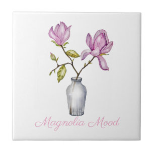 Pink Magnolia Watercolor Botanical Tile