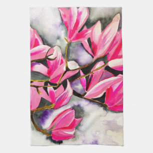 Pink Magnolia watercolor Tea Towel
