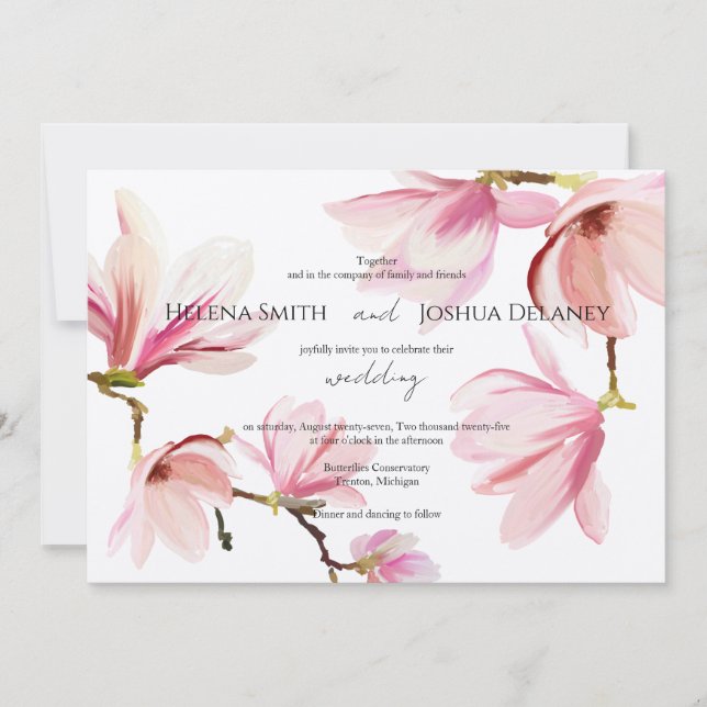 Pink Magnolia Watercolor Wedding Invitation (Front)