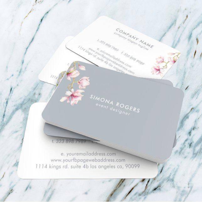 Pink Magnolia Watercolors Blue- Grey Background Business Card (Creator Uploaded)