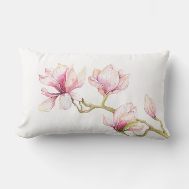 Pink Magnolia Watercolors Illustration Lumbar Cushion (Front)