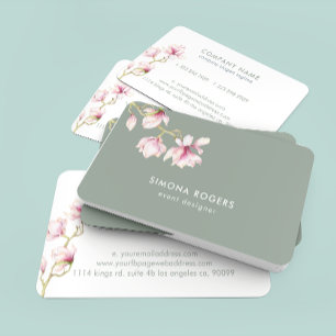 Pink Magnolia Watercolors Sage-Green Background Business Card