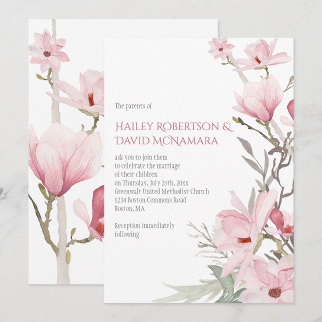 Pink Magnolias and Greenery Wedding Invitations (Front/Back)