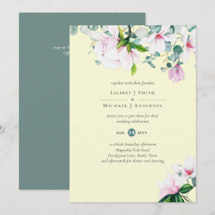 Pink Magnolias Floral and Yellow Wedding Invite