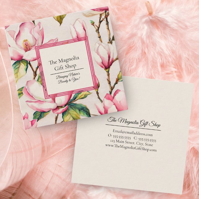 Pink Magnolias Floral Pattern  Square Business Card (Embrace sophistication with our elegant pink magnolia pattern business card.)