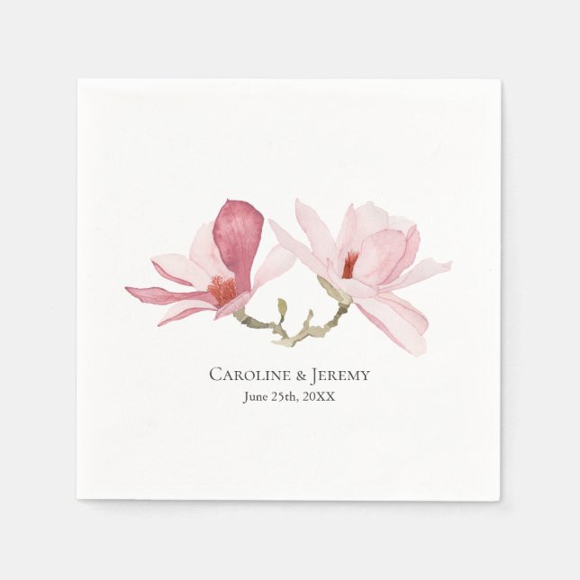 Pink Magnolias Floral Watercolor Wedding Napkin (Front)