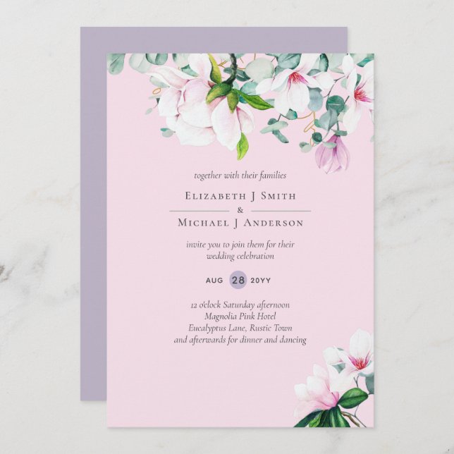 Pink Magnolias Sage Eucalyptus Lavender Wedding  (Front/Back)