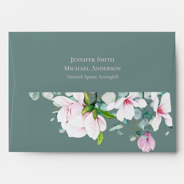 Pink Magnolias Sage Eucalyptus Wedding Envelope (Back (Top Flap))
