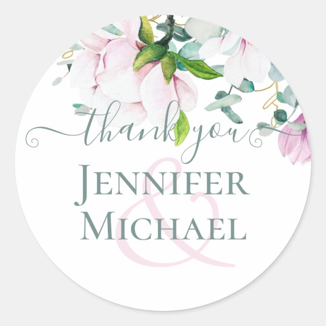 Pink Magnolias Sage Eucalyptus Wedding Thank You C Classic Round Sticker (Front)