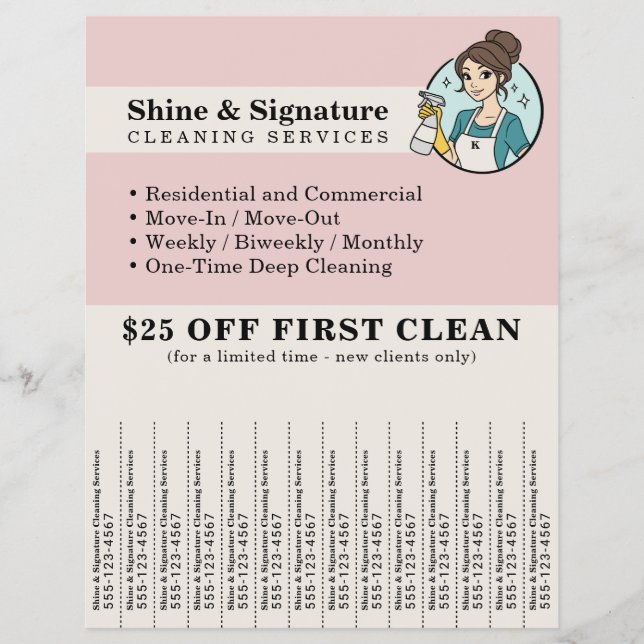 Pink Maid Cleaning Services Tear Off Strips Flyer (Front)