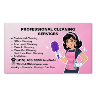 Pink Maid Janitorial Lady House Cleaning Service Magnetic Business Card