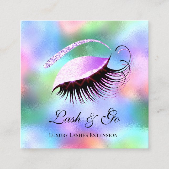 Pink Makeup Artist Eyelash  Extension Holographic Square Business Card (Front)