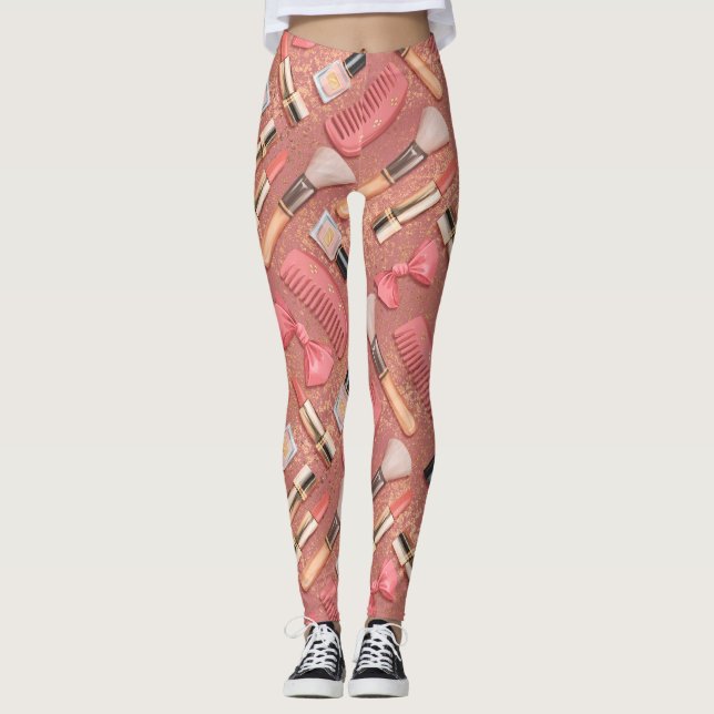 Pink Makeup Cosmetics Pattern Glitter  Leggings (Front)