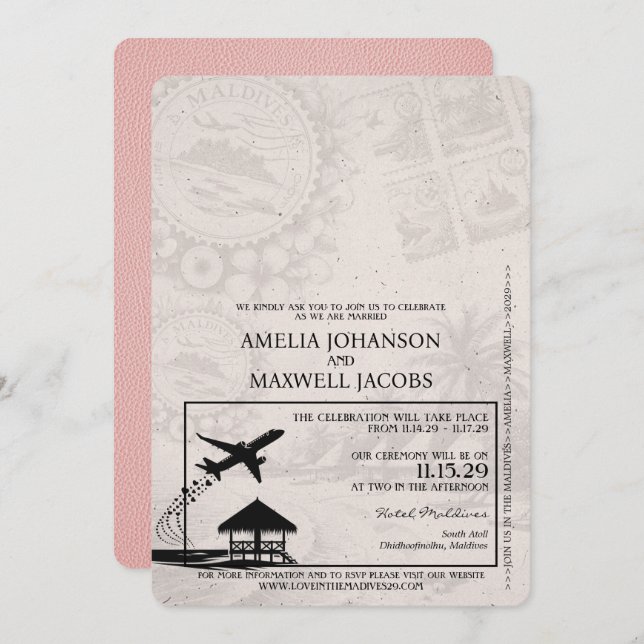 Pink Maldives Passport Wedding Invitation (Front/Back)