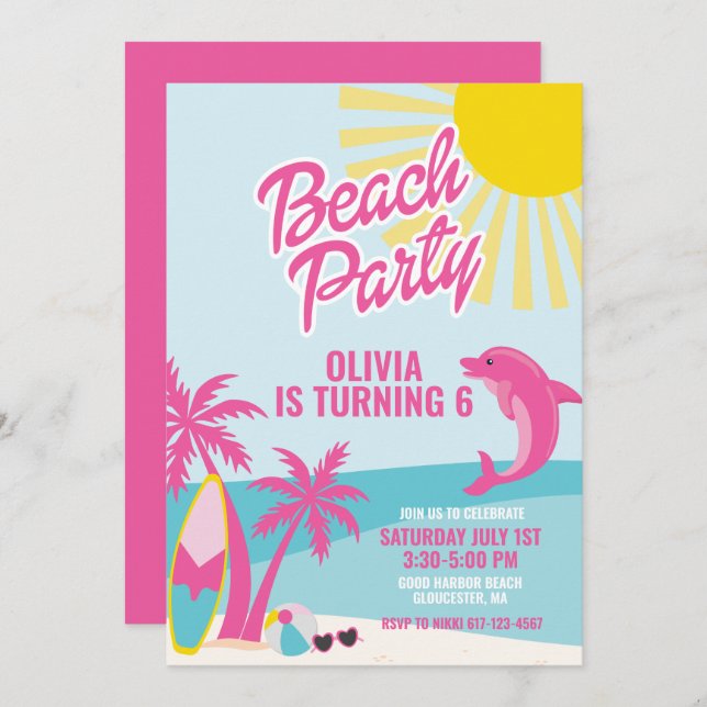 Pink Malibu beach birthday Invitation (Front/Back)