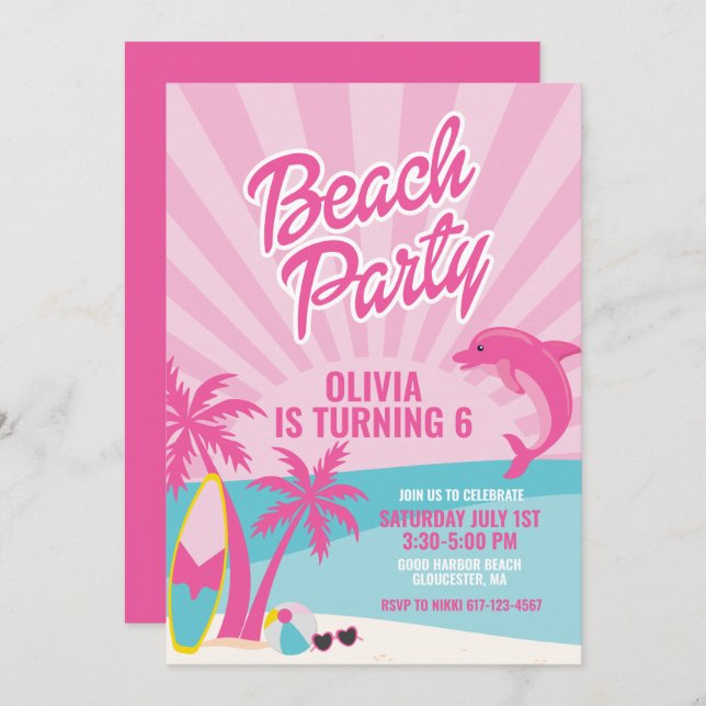 Pink Malibu beach birthday Invitation (Front/Back)