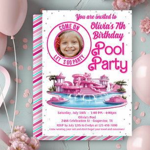 Pink Malibu Doll Pool Party  Invitation
