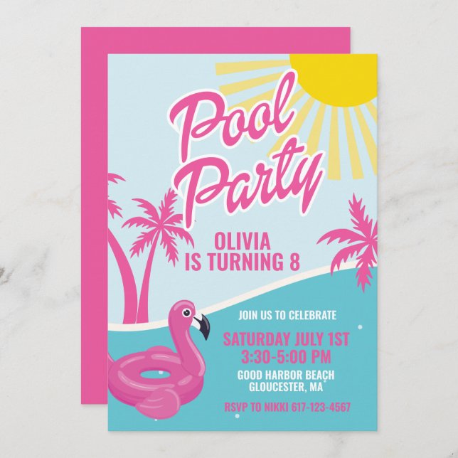 Pink Malibu Pool Party birthday Invitation (Front/Back)