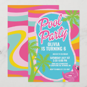 pink malibu swirl pool party birthday invitation