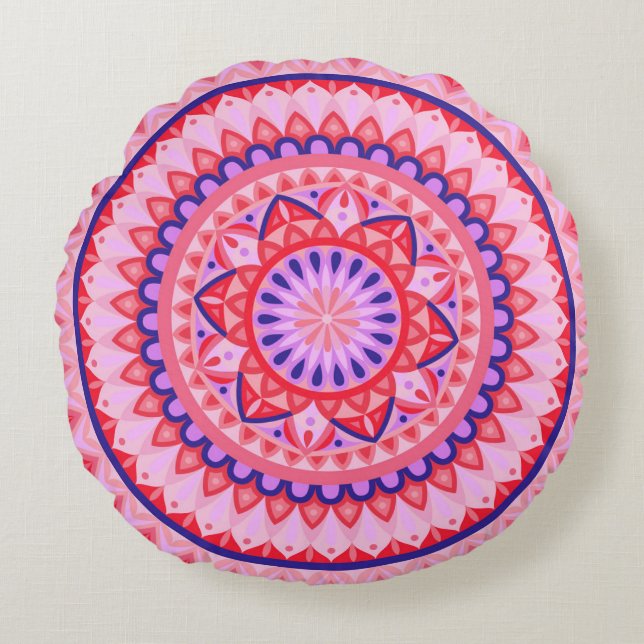 Pink Mandala Boho Vibrant Love Geometric Pattern Round Cushion (Front)
