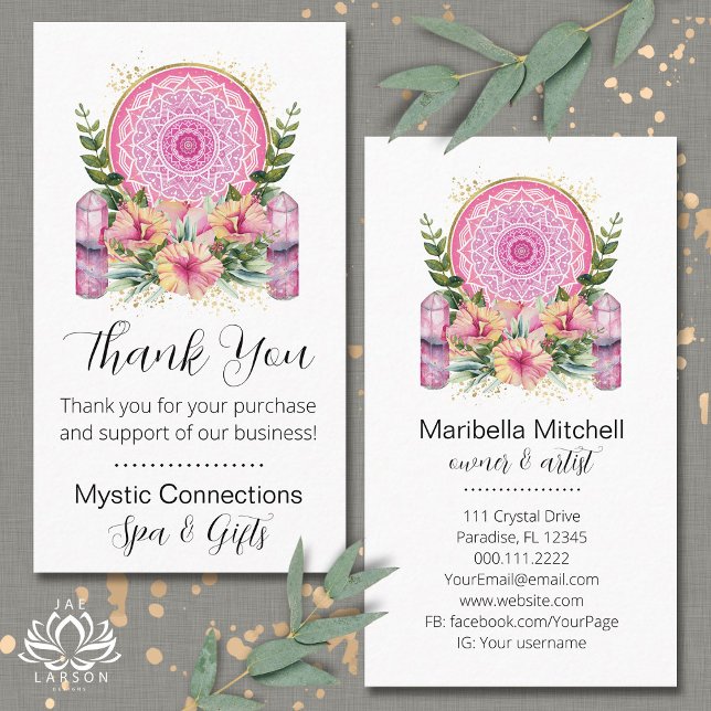 Pink Mandala Crystals Yoga Reiki Spa Thank You Business Card (Creator Uploaded)