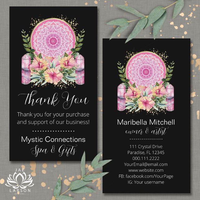 Pink Mandala Crystals Yoga Reiki Spa Thank You Business Card (Creator Uploaded)