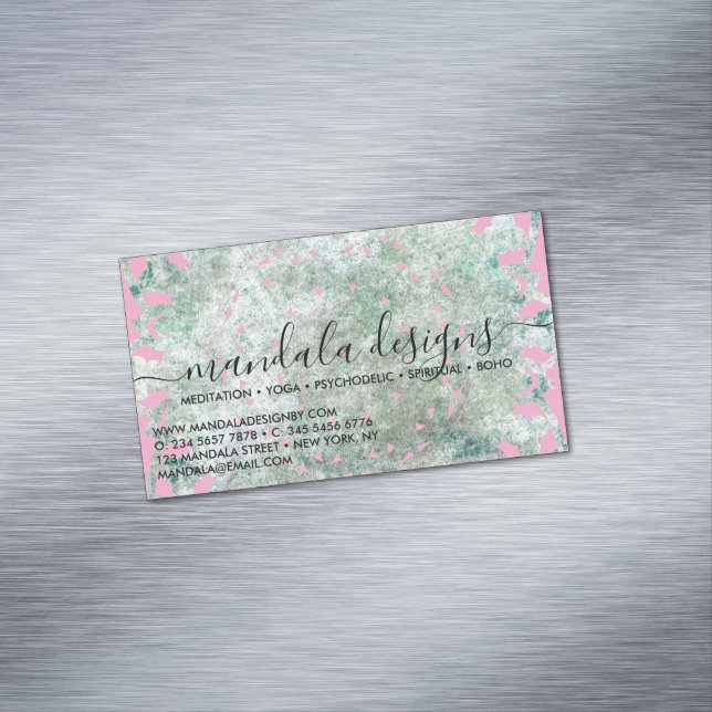 Pink Mandala Floral Script Magnetic Business Card (In Situ)