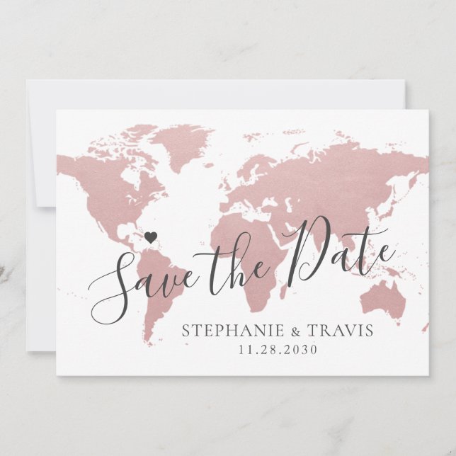 Pink Map Destination Travel Theme Photo Save The Date (Front)