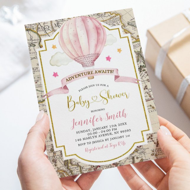 Pink Map Hot Air Balloon Adventure Baby Shower Invitation (Creator Uploaded)