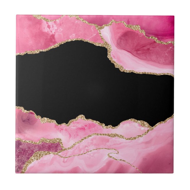 Pink Marble Agate Elegant Gemstone Golden Glitter Tile (Front)