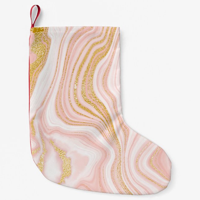 Pink marble and gold texture small christmas stocking (Front)