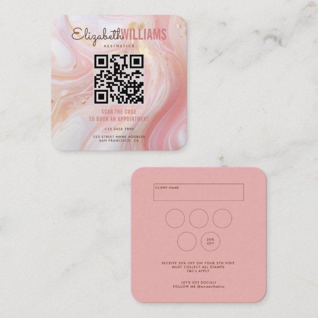Pink Marble Beauty Aesthetics QR Code Loyalty & Square Business Card (Front/Back)