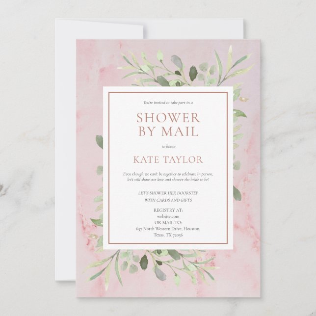 Pink Marble Bridal Shower By Mail Greenery Leaves Invitation (Front)