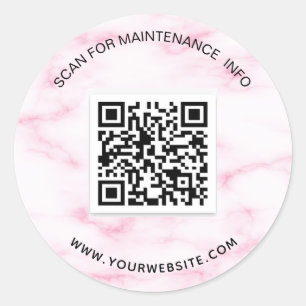 Pink marble business qr code maintenance info classic round sticker