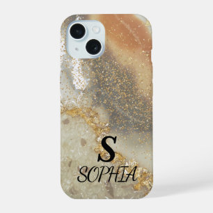 Pink marble chic gold glitter monogram iPhone 15 case